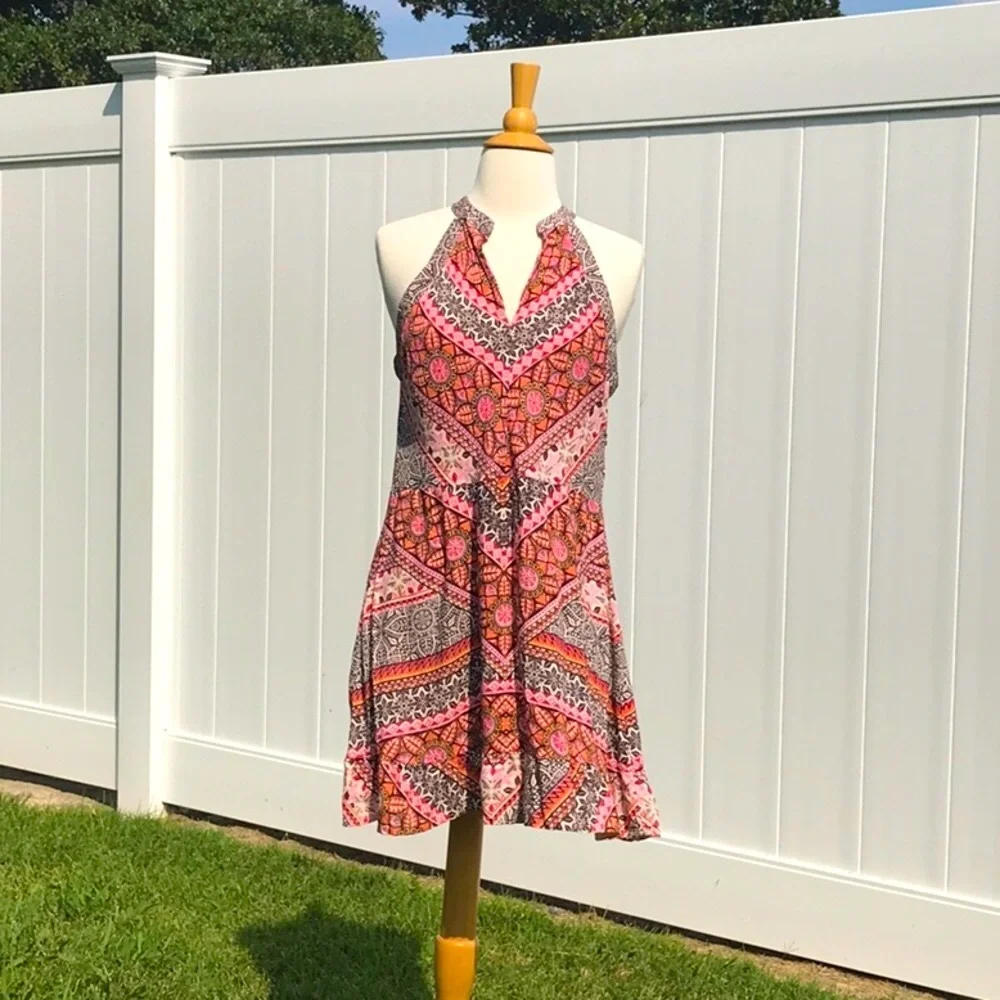 Miami Boho Brown Orange Pink Cream Floral Printed Halter Midi Dress Size Medium - Picture 1 of 16
